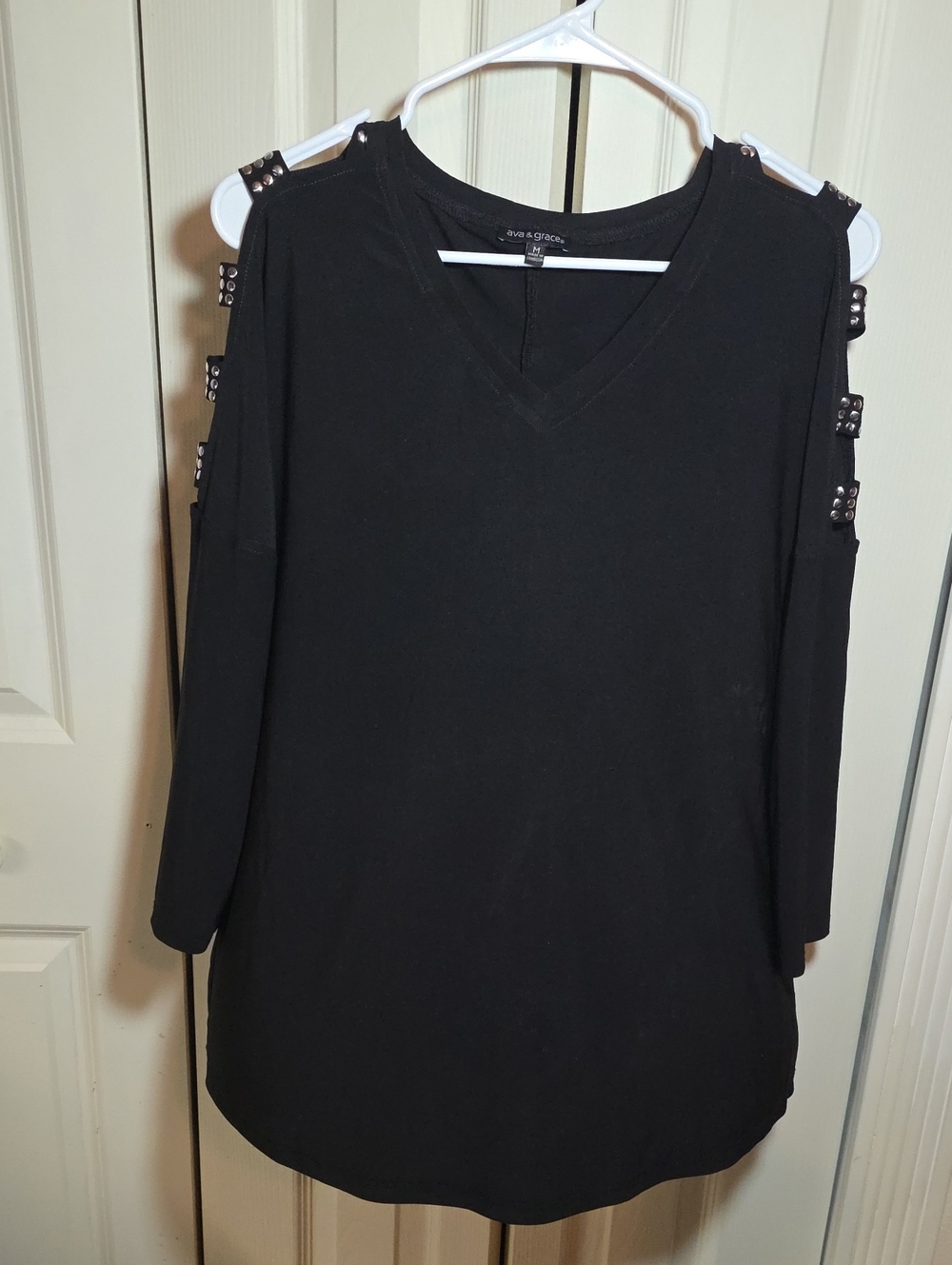 Ava & Grace Black Cold-Shoulder V-Neck Top with Stud Accents